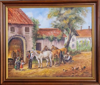 Картина с маслени бои на платно от известен германски художник Georg Bader, 20th century,  "farm with horses" внос от Нидерландия.