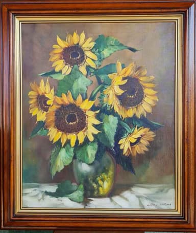 Картина с маслени бои на платно от известен нидерландски художник H.vd Voskuilen,  " sunflowers 🌻 ", 20th century внос от Нидерландия.