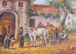 Картина с маслени бои на платно от известен германски художник Georg Bader, 20th century,  "farm with horses" внос от Нидерландия. 2