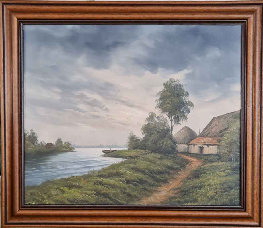 Картина с маслени бои на платно от известен нидерландски художник J. Kok, title Farm at the river, производство 1983 год., внос от Нидерландия