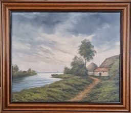 Картина с маслени бои на платно от известен нидерландски художник J. Kok, title Farm at the river, производство 1983 год., внос от Нидерландия 1