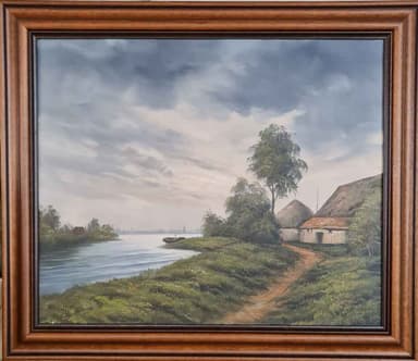 Картина с маслени бои на платно от известен нидерландски художник J. Kok, title Farm at the river, производство 1983 год., внос от Нидерландия